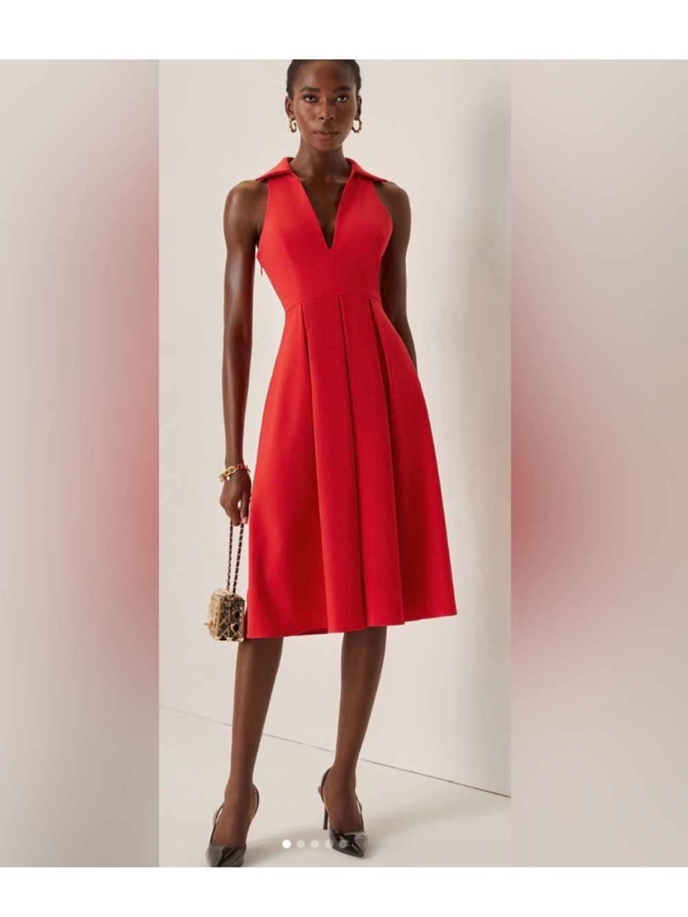 Fehaute Sleeveless V-Neck Collared Midi Dress Fit & Flare Dress Red Size 12 NEW